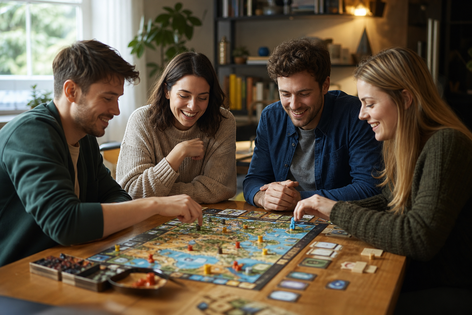 Vier vrienden spelen samen een kleurrijk bordspel aan een houten tafel