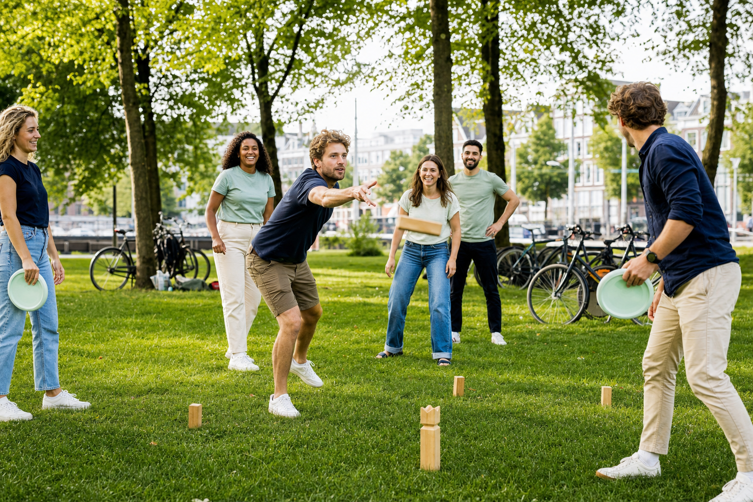 Een rustige, praktische activiteit rond frisbee spelen: gooien, vangen en samen bewegen