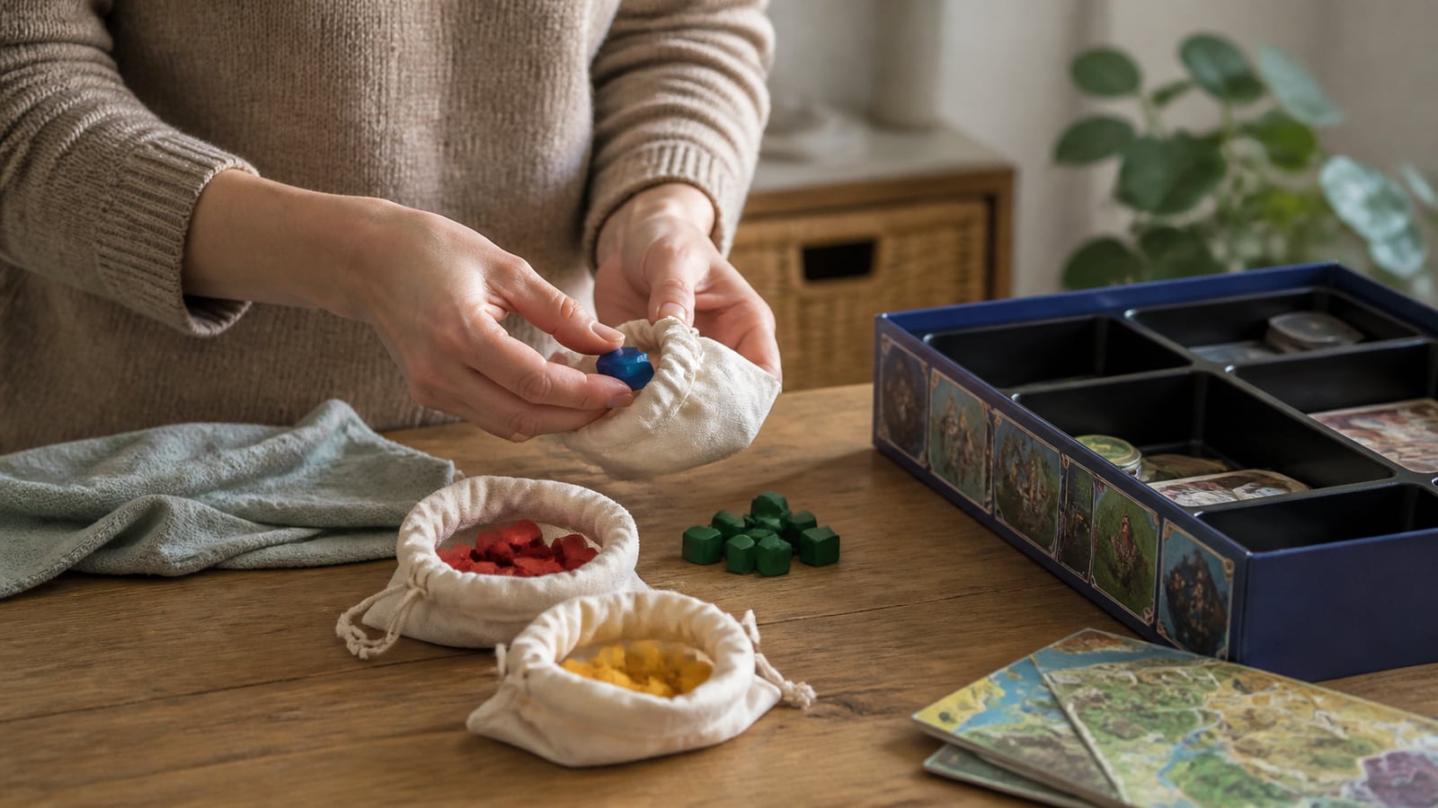 Speelstukken worden zorgvuldig in stoffen zakjes opgeborgen