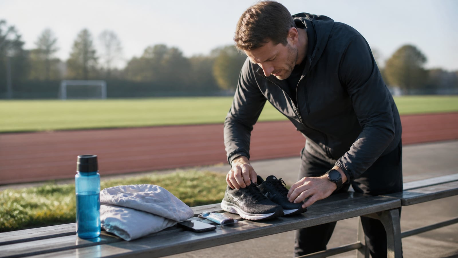 Recreatieve sporter bereidt zijn uitrusting voor bij een atletiekbaan