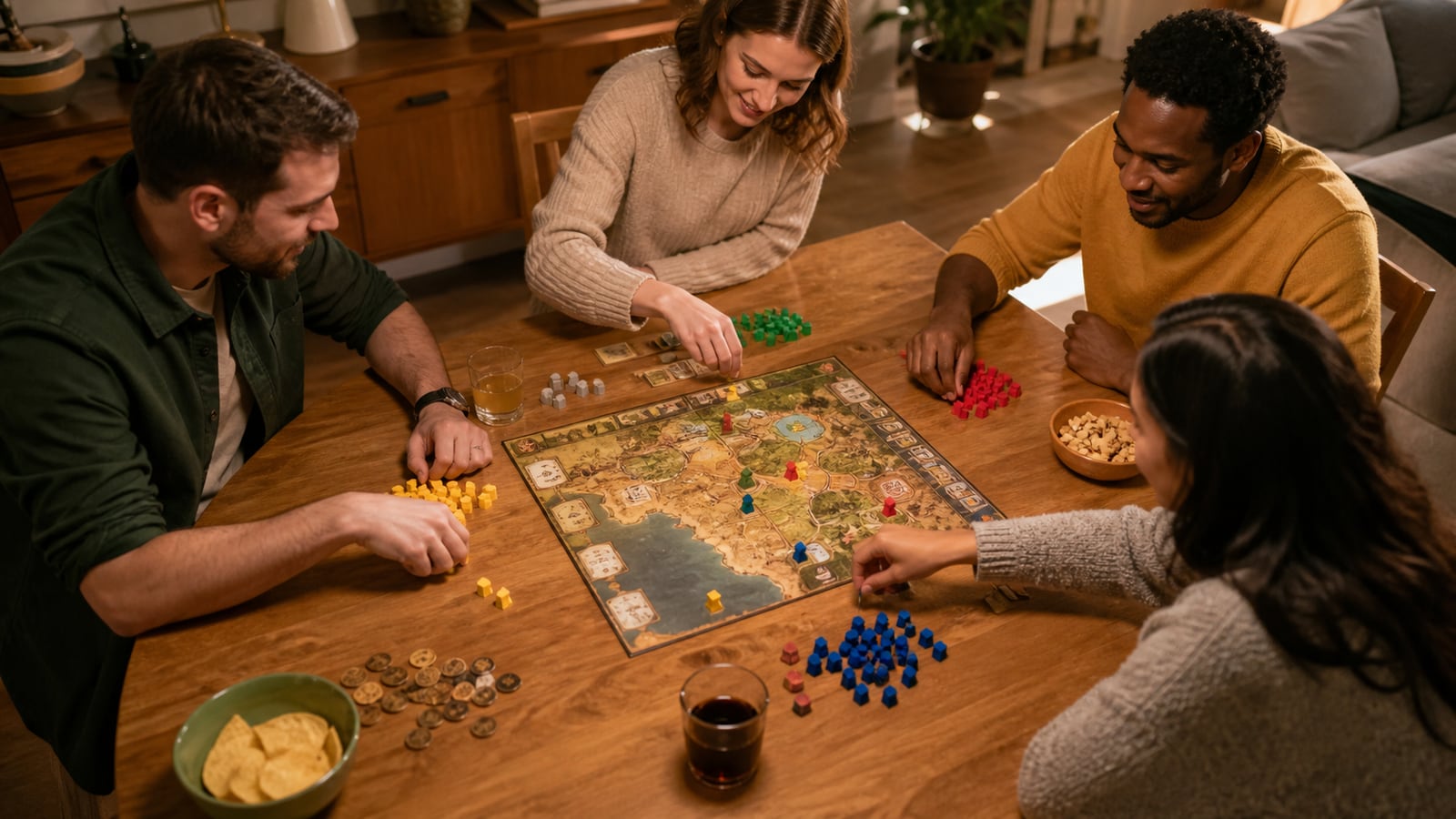 Vrienden verdelen gekleurde speelstukken voor een spelavond
