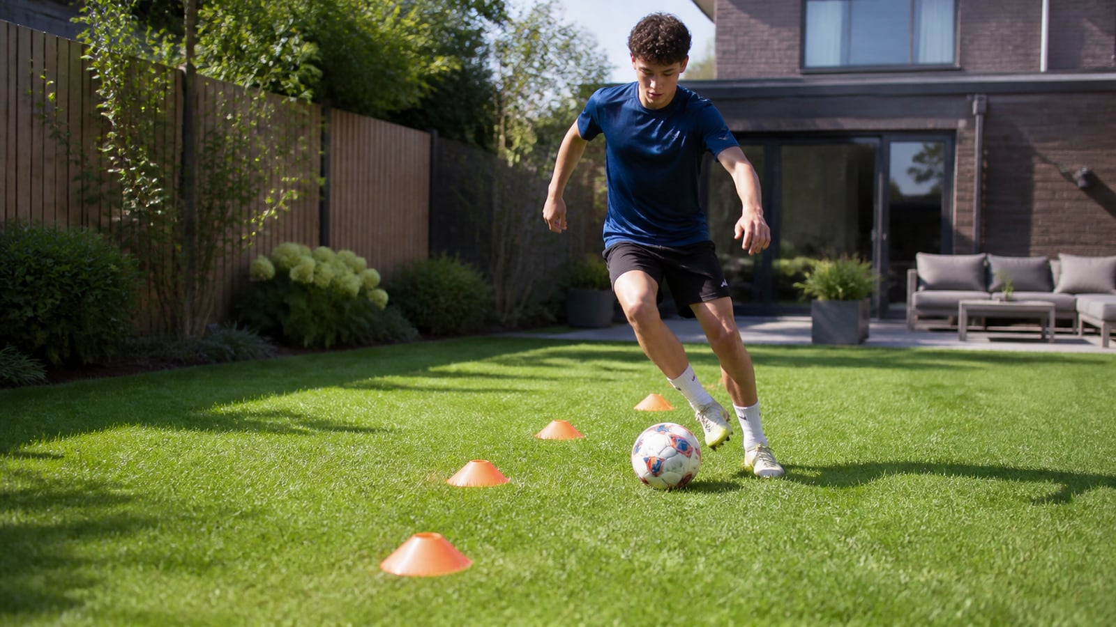 Voetballer oefent een slalom met pionnen in de achtertuin